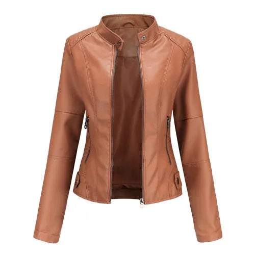 Women's Red PU Jacket, Vertical Collar Zipper Motorcycle Leather Coats,  Fashion Casual Coat Female Outerwear, Black Purple Top.