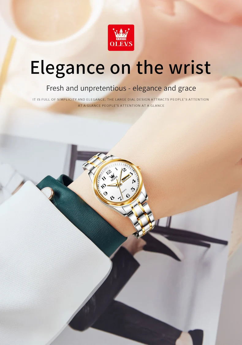 OLEVS 5567 Luxury Quartz Watch for Women Elegant Stainless Steel Waterproof Watches Luminous Week Date Ladies Dress Wristwatches