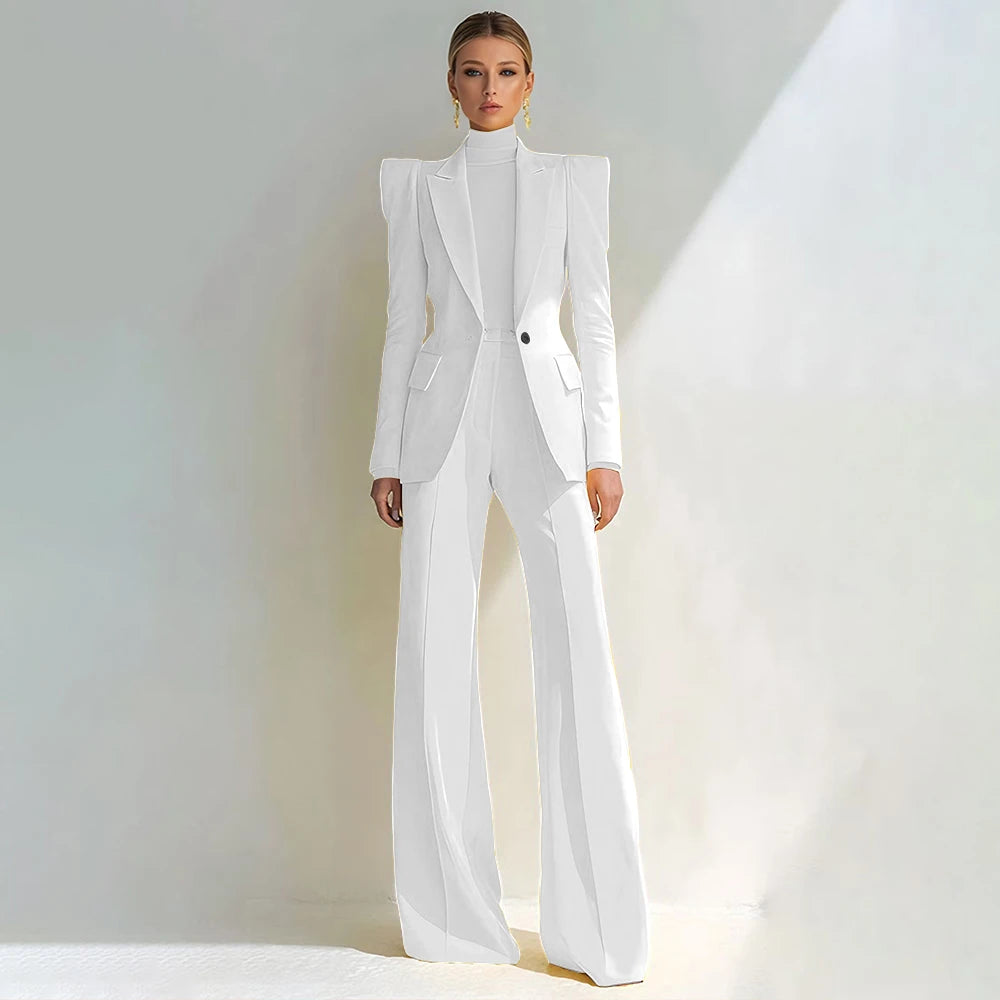Professional Women's Red Suit Peaked Lapel Single Button Female Elegant Blazer and Flared Pants 2Piece Set Formal Office Wear