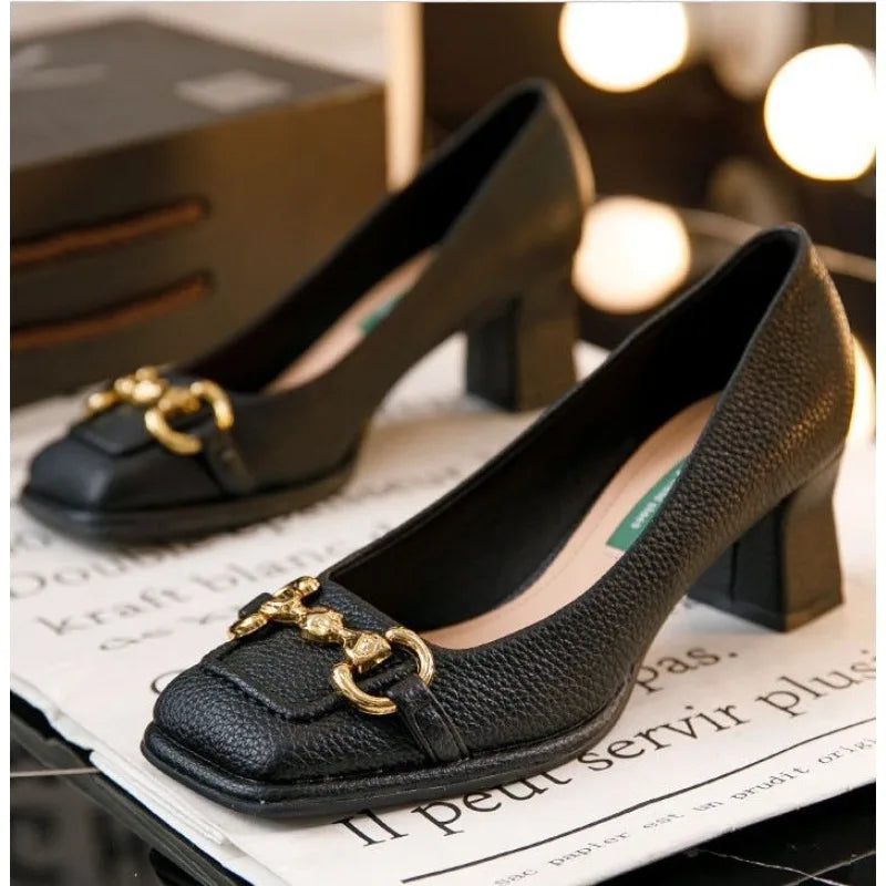 Women's Mid-heel Pumps 2025 Summer French Style Back Empty Female Thick Heel Square Toe Mary Jane Shoes Black Green Talon Femme