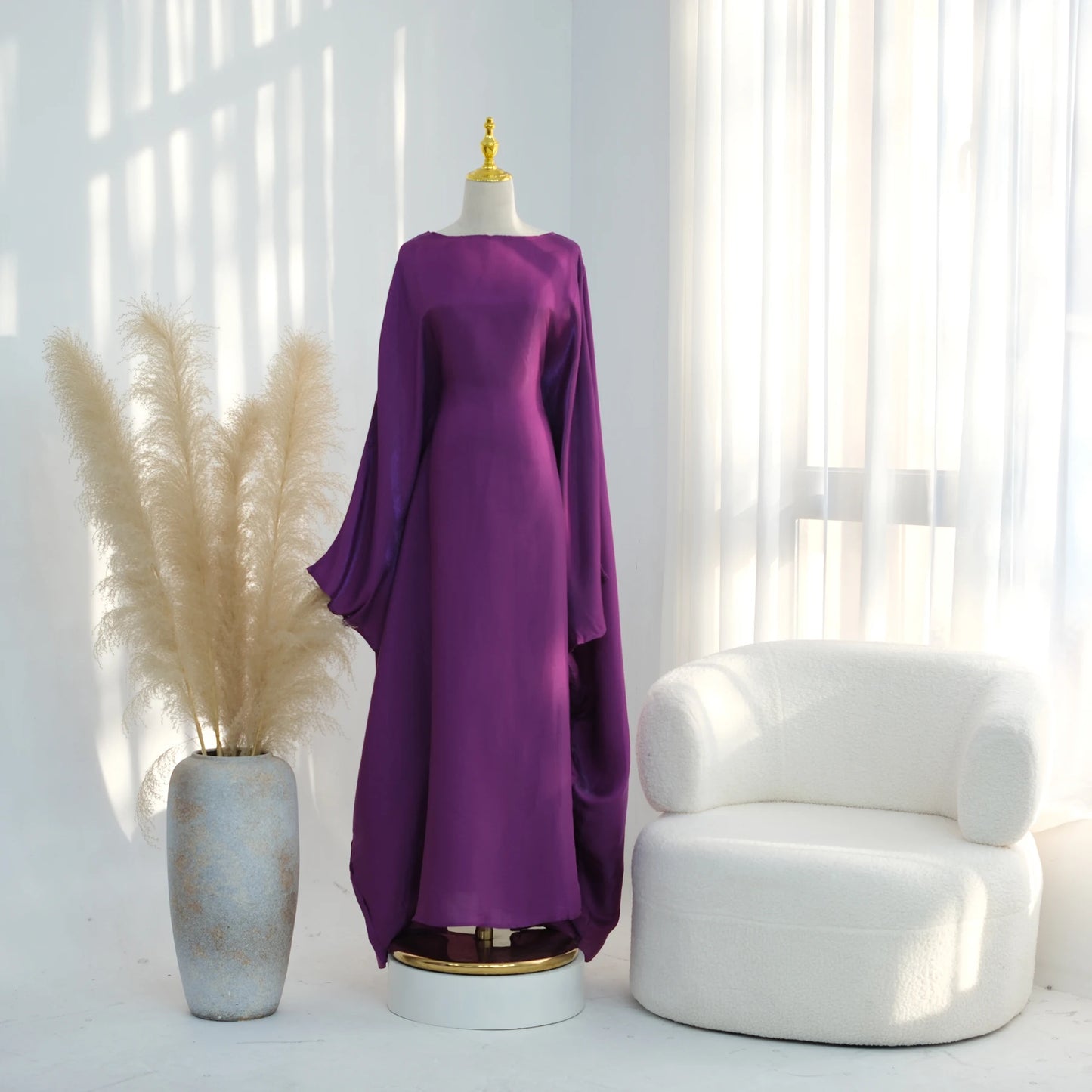 Ramadan Eid Evening Party Shiny Kaftan Dress for Women, Butterfly Sleeves Round Neck Muslim Women Abaya Dubai Islamic Clothing