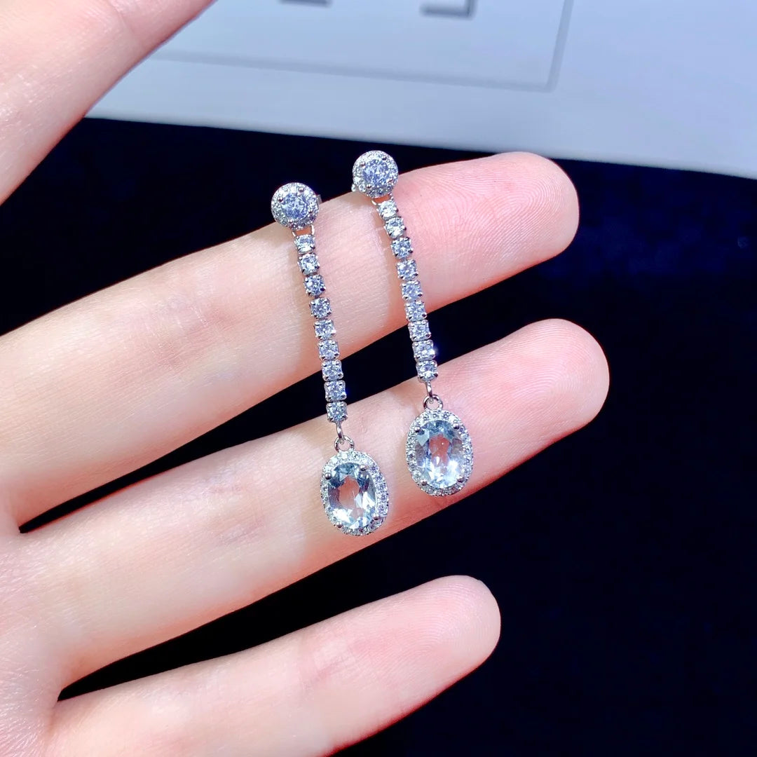Natural Aquamarine Earrings Women's Silver 925 earrings Wedding Gems Free Shipping Earrings Sterling Certified Jewelry