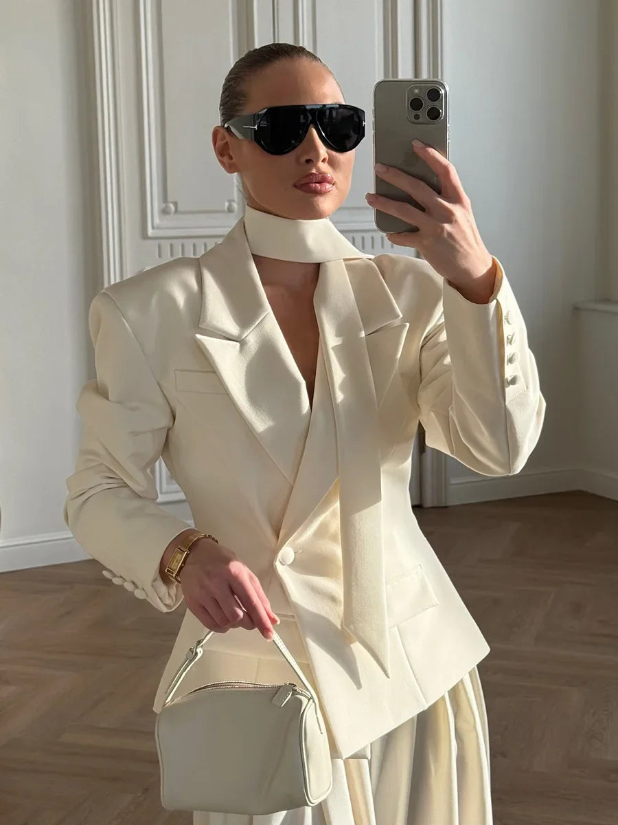 Wolfeel Women's Belted Neckline Tie Blazer Autumn Winter New Structured Shoulders Short Jacket Elegant Office Commuting Suits