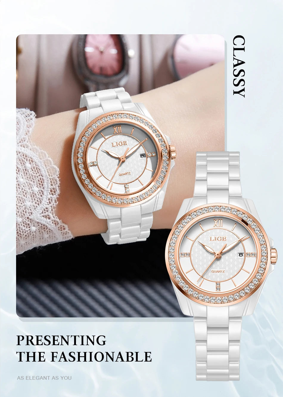 LIGE Luxury Woman Watch Waterproof Fashion Quartz Ladies Wristwatch Date Week Full Ceramic Women's Watches Relojs+GIFT Box