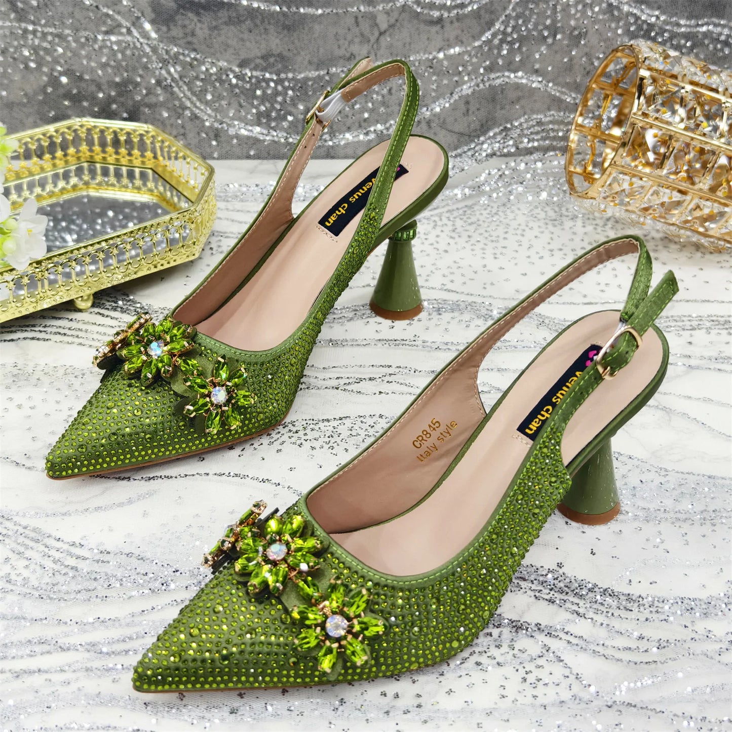 Venus Chan Olive-Green Pointed-Toe Women's High Heels Shoes and Bags for Party Rhinestone Evening Elegant Luxury Handbag