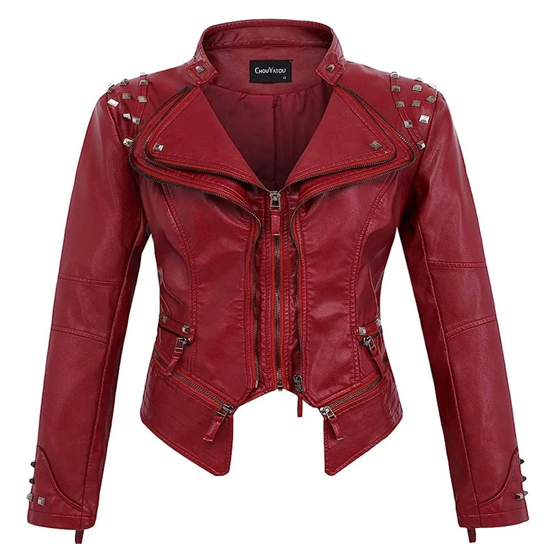 Spring New Style Suit Collar Rivet Waist Short Washed Pu Leather Jacket