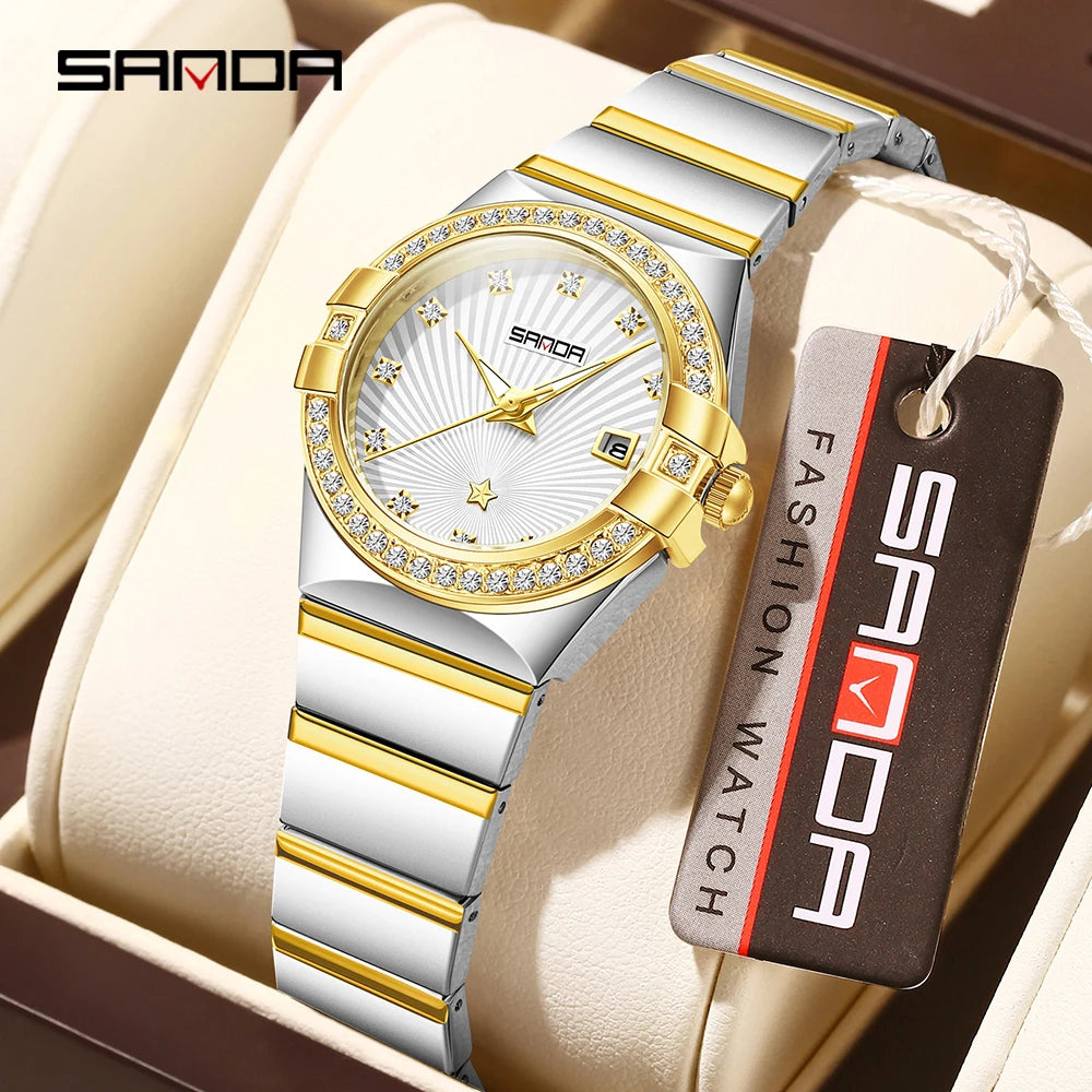 SANDA1147 Luxury Women's Quartz Watch with Mother of Bell Dial and Diamond studded Steel Strip 3ATM Waterproof Fashion Watch -1