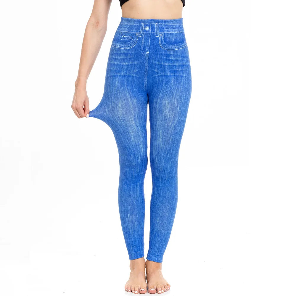 Skinny High Waisted Leggings Women Imitation Jeans Yoga Pants Fashion Printed Elastic Shapewear Fitness Jogging Cycling Tights