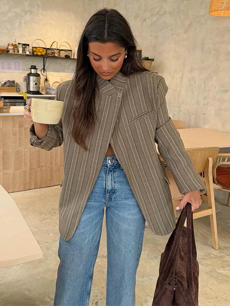 Fashion Women's Blazer Stand Collar Full Sleeve Single Button Female Plaid Blazers 2026 Spring New Chic Casual Commute Lady Coat