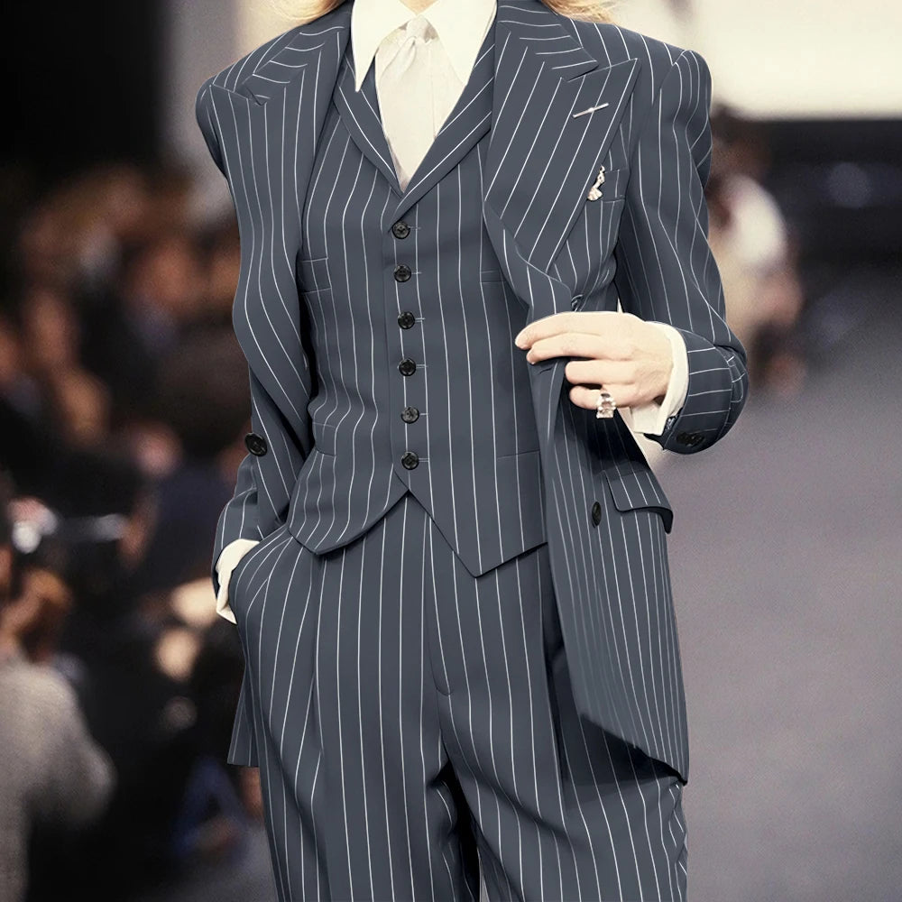 Trending 2025 Brown Striped Women Suit Formal Double-breasted Peaked Lapel 3Pieces (Jacket+Pants+Vest) Business Office Lady Set