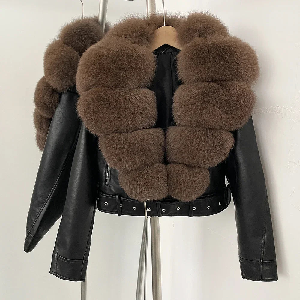 Natural Fox Fur Real Fur Coat Faux PU Leather Jacket Female New Autumn Short Top Clothing Women Long Sleeve Fake Leather Coat