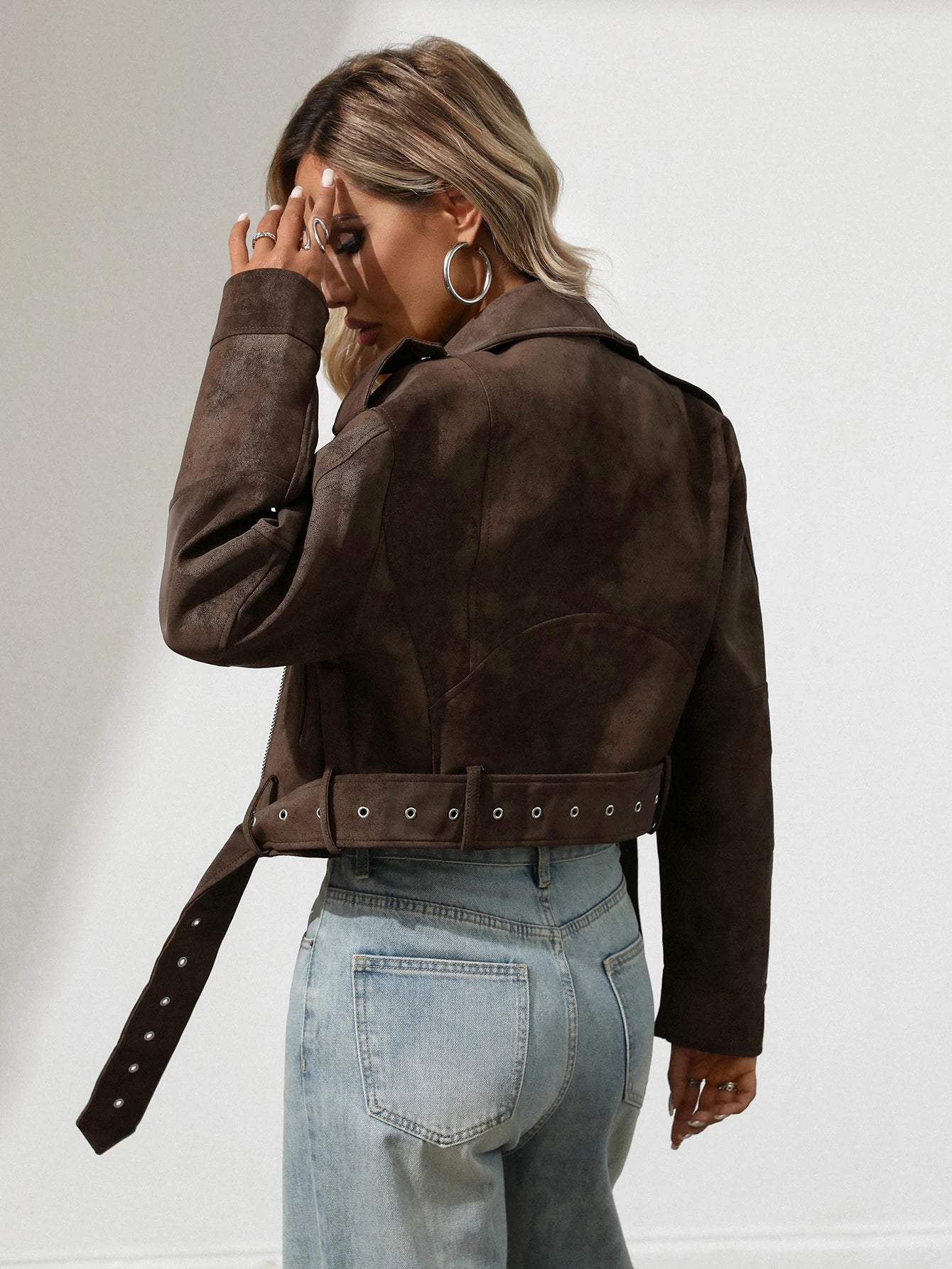Women Faux Suede Leather Cropped Jacket Vegan Motor Biker Coat Bomber Causal Outwear with Belt