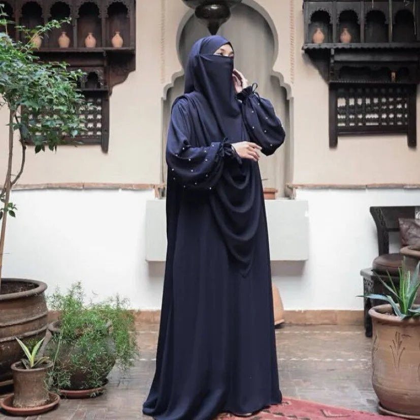 New solid color women's robe pearl sleeve dress, two-piece long headscarf P555
