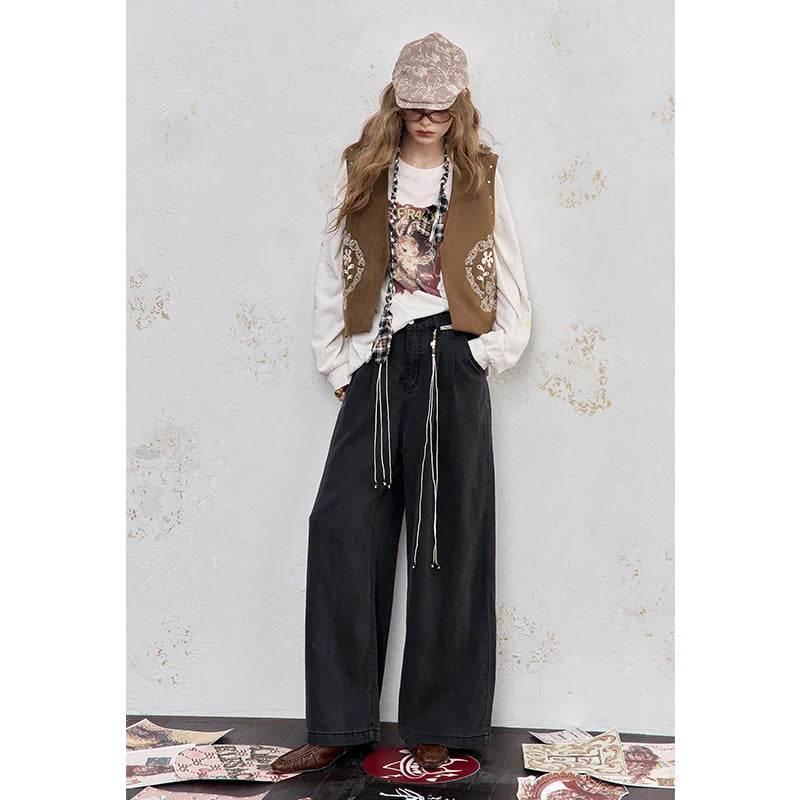 ELFSACK 2025 Autumn New Arrival Boho Casual Felt Vest Short Embroidered Design Sleeveless Jacket For Woman