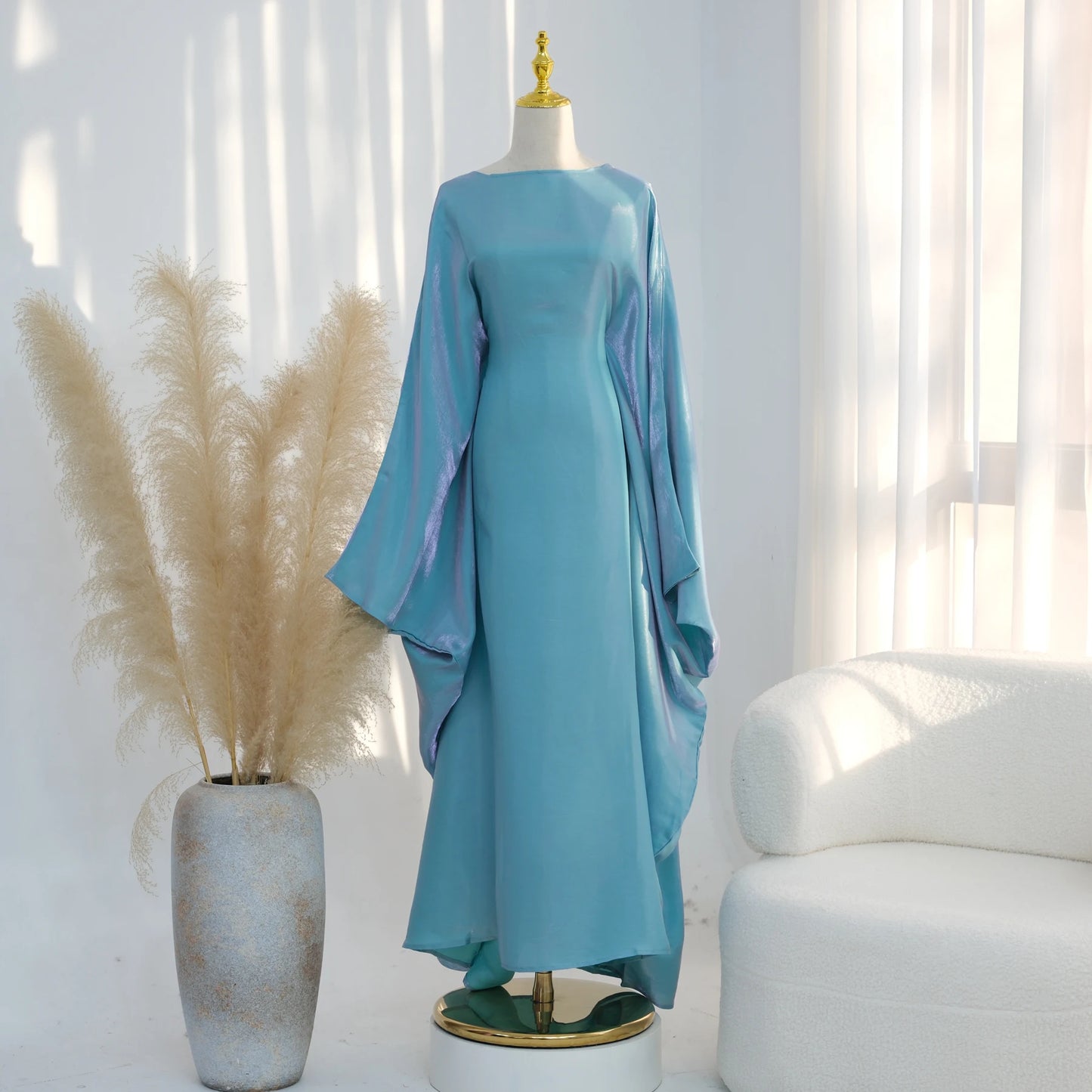 Ramadan Eid Evening Party Shiny Kaftan Dress for Women, Butterfly Sleeves Round Neck Muslim Women Abaya Dubai Islamic Clothing