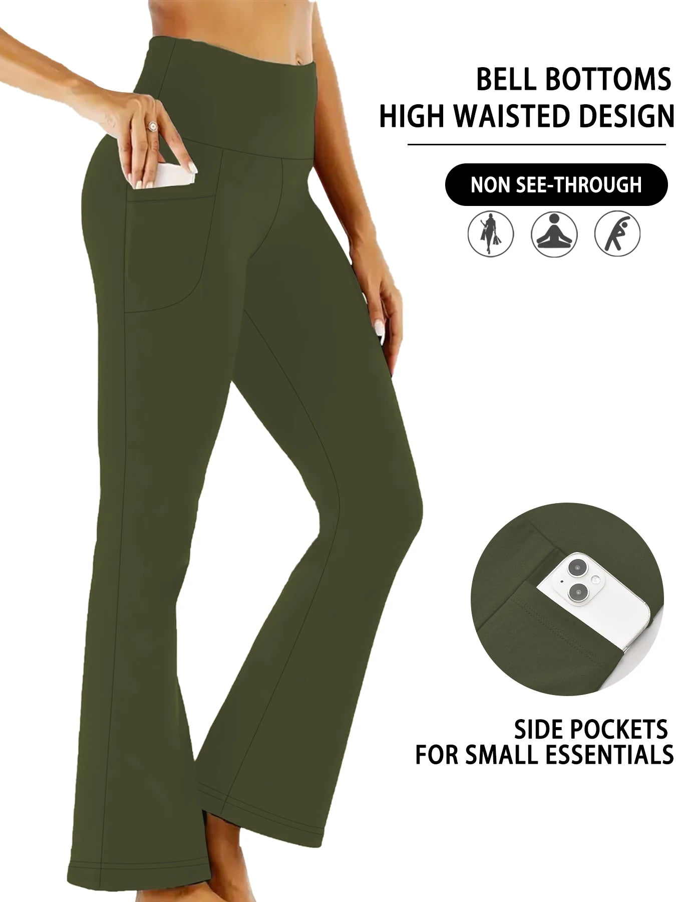 Women's Super Soft Flare Pants with Pockets, High Waisted Tummy Control Workout Yoga Push Up Gym Fitness Leggings Bell Bottoms