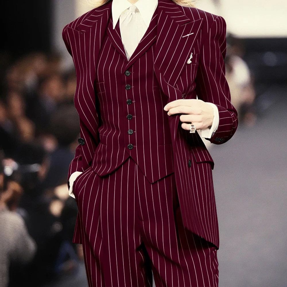 Trending 2025 Brown Striped Women Suit Formal Double-breasted Peaked Lapel 3Pieces (Jacket+Pants+Vest) Business Office Lady Set