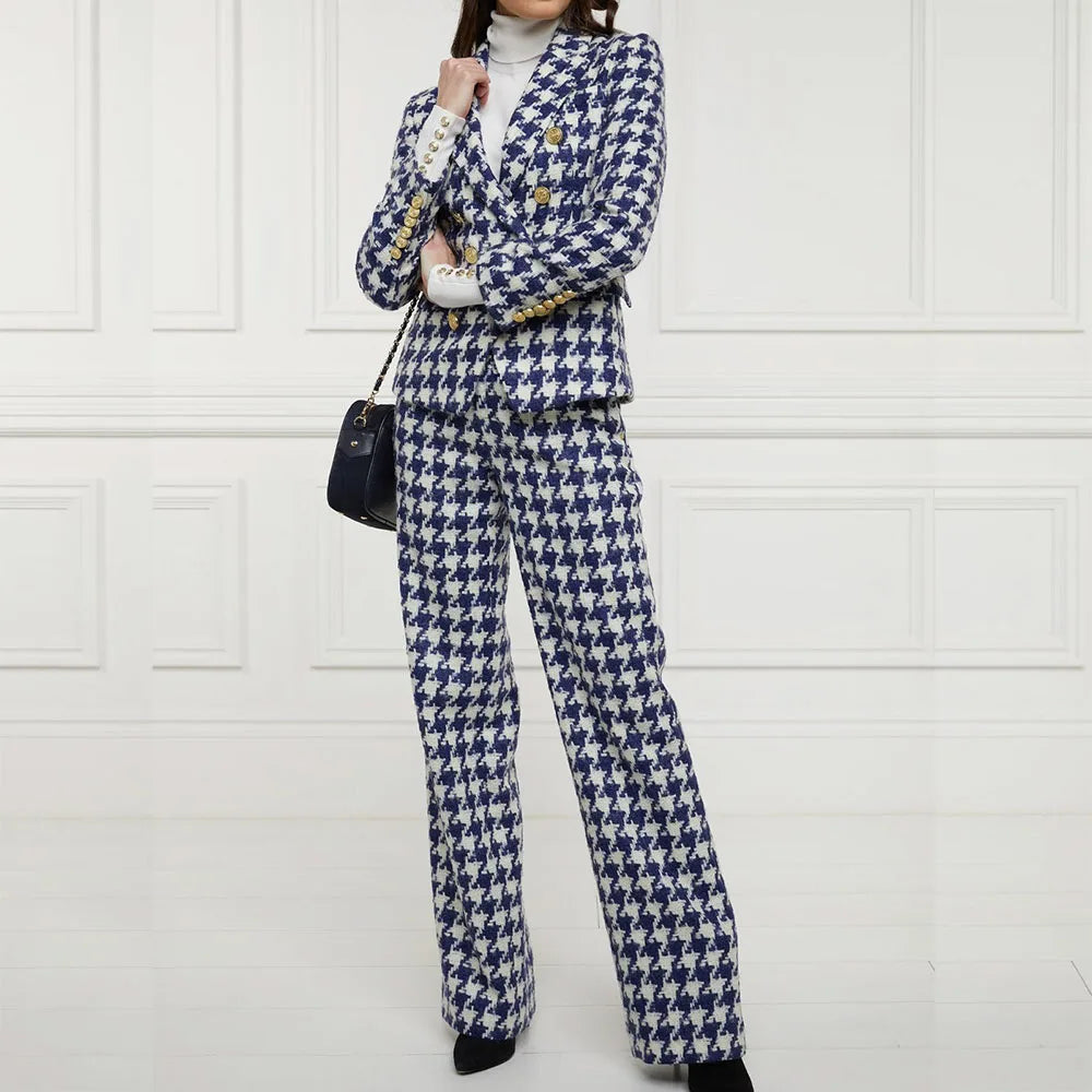 Luxury Double Breasted Women Suits Blazer Peak Lapel Houndstooth Outerwear Elegant Female 2 Piece Jacket Pants Sets Clothing
