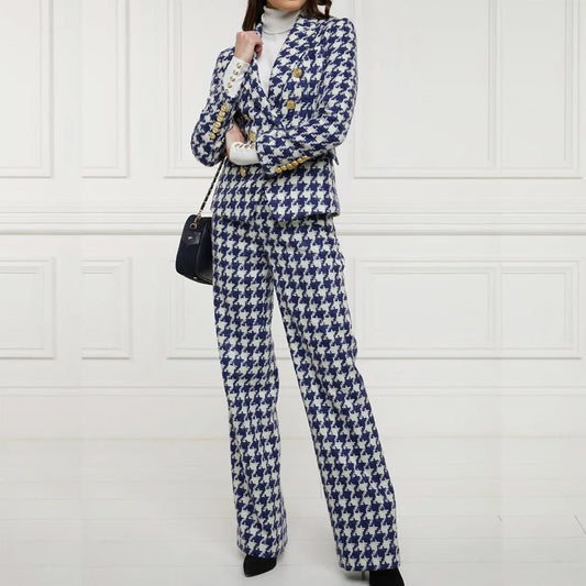 Luxury Double Breasted Women Suits Blazer Peak Lapel Houndstooth Outerwear Elegant Female 2 Piece Jacket Pants Sets Clothing
