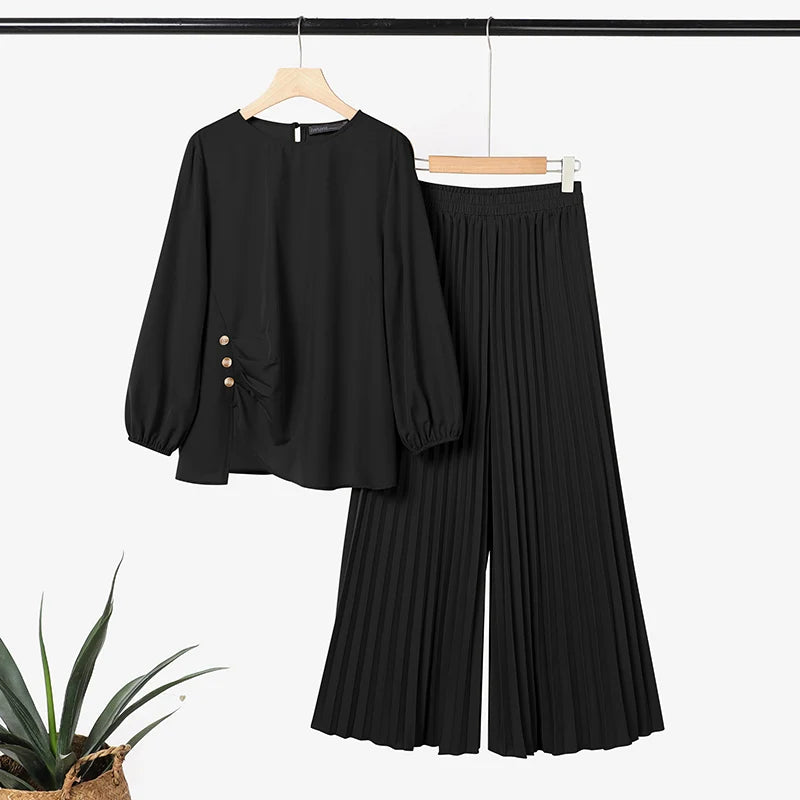 ZANZEA Women 2025 Autumn Matching Sets Casual Long Sleeve Tops Trousers Suit Muslim Outfits 2 Pieces Sets Solid Loose Tracksuit