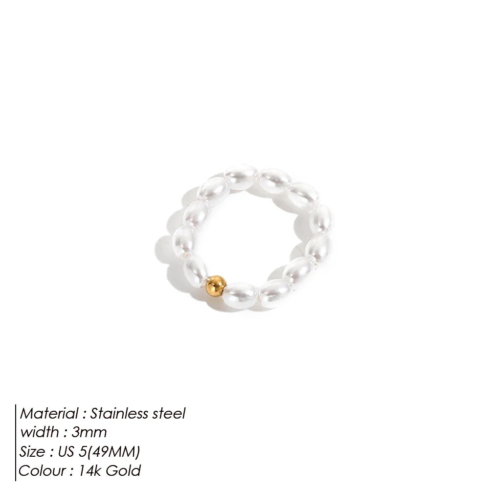 eManco Delicate Minimalist Imitation Pearl Ring Gold Color Beads Stainless Steel for Women Daily Wear & Dating Jewelry