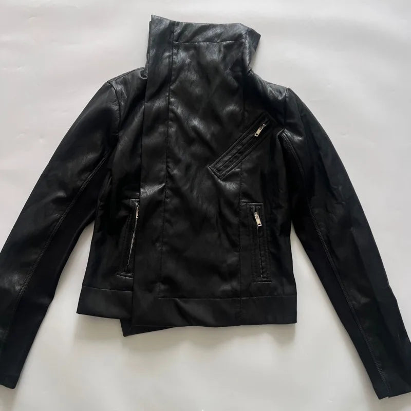 HKSH Spring Autumn New Women's Jacket PU Leather Asymmetric Zipper Pockets Slim Fit Motorcycle Dark Punk Short Coat Chic HK15980