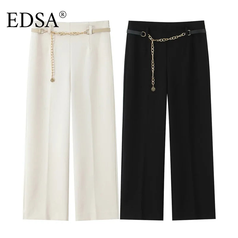 EDSA Women Cropped Pants Set Double Breasted Blazer Jacket High Waist Straigh Leg Long Pants for Office Lady Suits