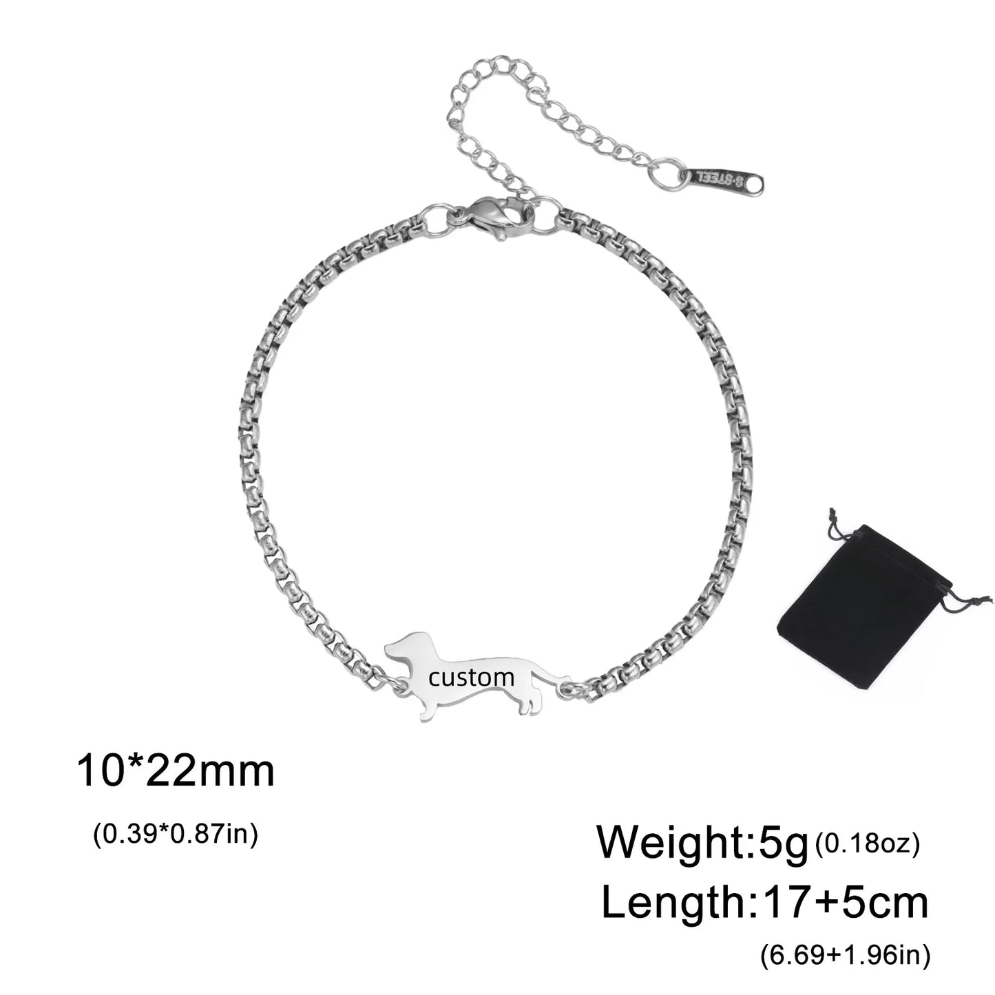 Customized Name Date Sausage Dog Charm Bracelet Stainless Steel Personalized Pet Sausage Dog Bracelet Jewelry Gift