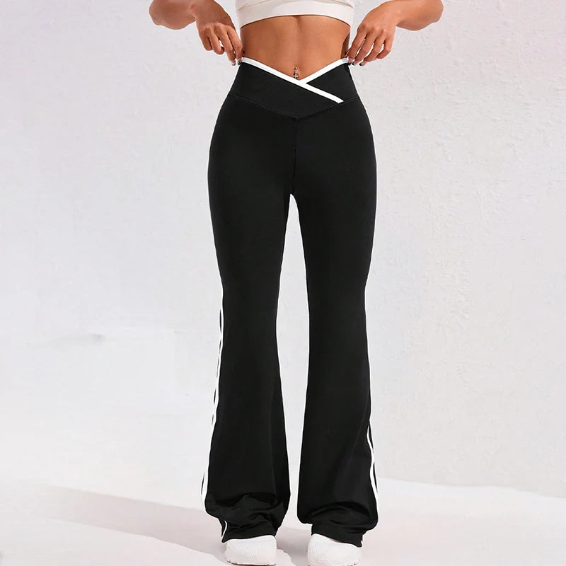 Striped Patchwork Cross Waist Yoga Leggings Women High Stretch Bodycon Flared Pants Woman Gym Fitness Workout Joggers Trousers