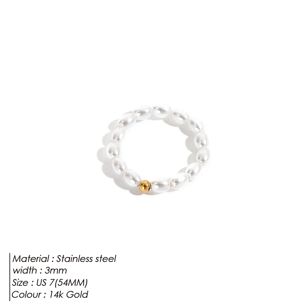 eManco Delicate Minimalist Imitation Pearl Ring Gold Color Beads Stainless Steel for Women Daily Wear & Dating Jewelry