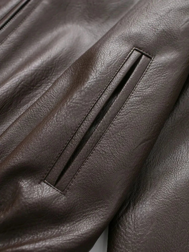 Women's Faux Leather Bomber Jacket Long Sleeve Chic Outerwear Elastic Hem Female Fashion Top