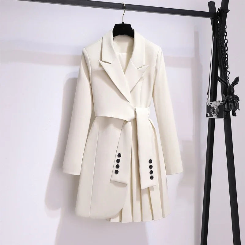 Women 2025 Spring New Fashion Women Clothing Suit Skirt Jacket Belt Waist Slim Suit Women Blazer Long Coat Black Blazers