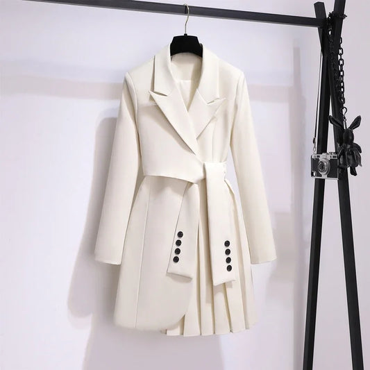 Women 2025 Spring New Fashion Women Clothing Suit Skirt Jacket Belt Waist Slim Suit Women Blazer Long Coat Black Blazers