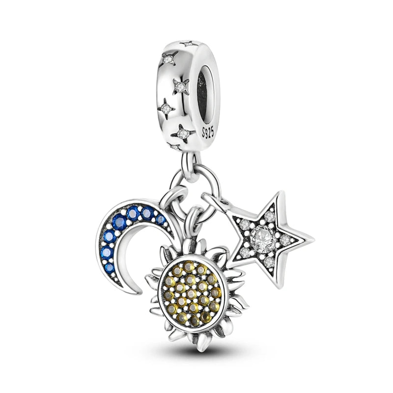 925 Sterling Silver Charm Pendant Star Moon Sun Starry Sky Beaded Charm Fit Original Bracelet DIY Fine Jewelry Making For Women