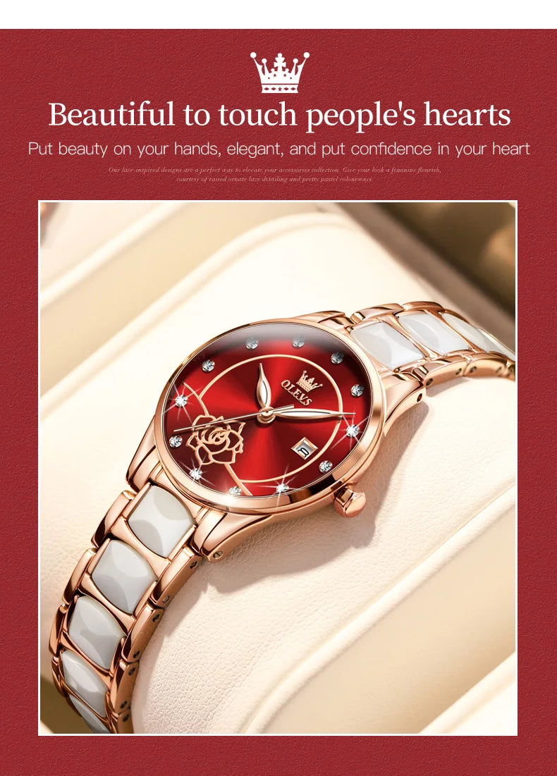 OLEVS 3606 Women's Watch Luxury Quartz Japanese Movement Watch Exquisite Rose Waterproof dial Elegant Ceramic Women's Watch