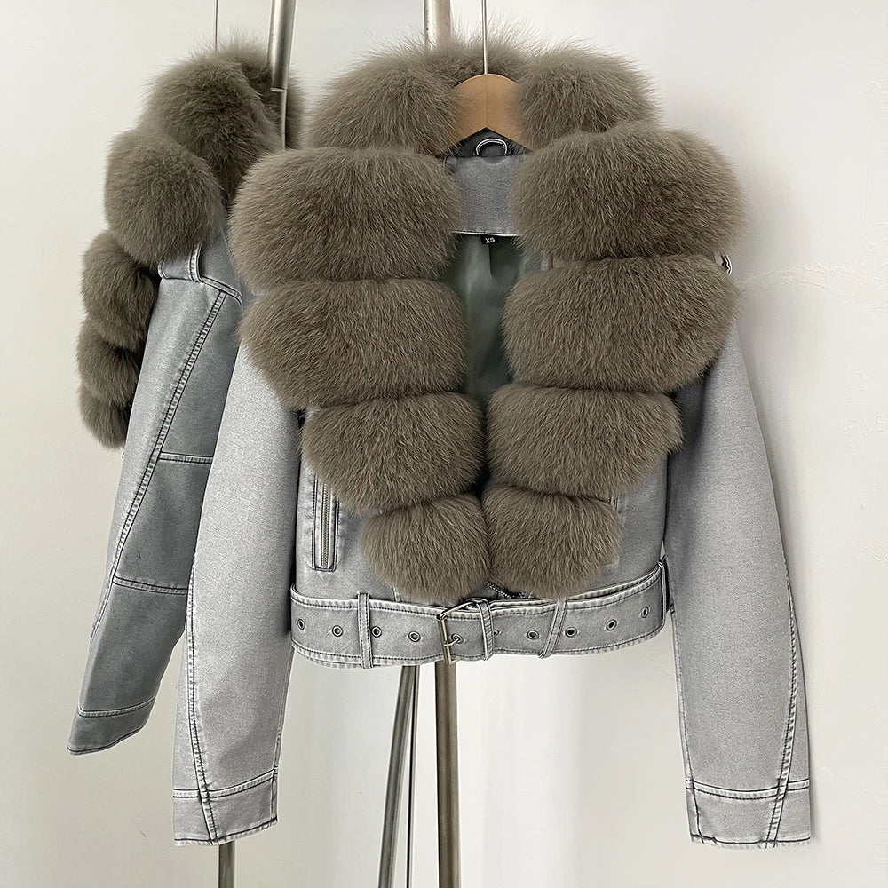 Natural Fox Fur Real Fur Coat Faux PU Leather Jacket Female New Autumn Short Top Clothing Women Long Sleeve Fake Leather Coat