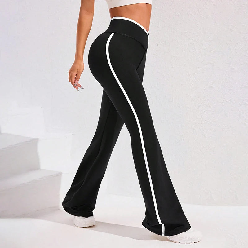 Striped Patchwork Cross Waist Yoga Leggings Women High Stretch Bodycon Flared Pants Woman Gym Fitness Workout Joggers Trousers