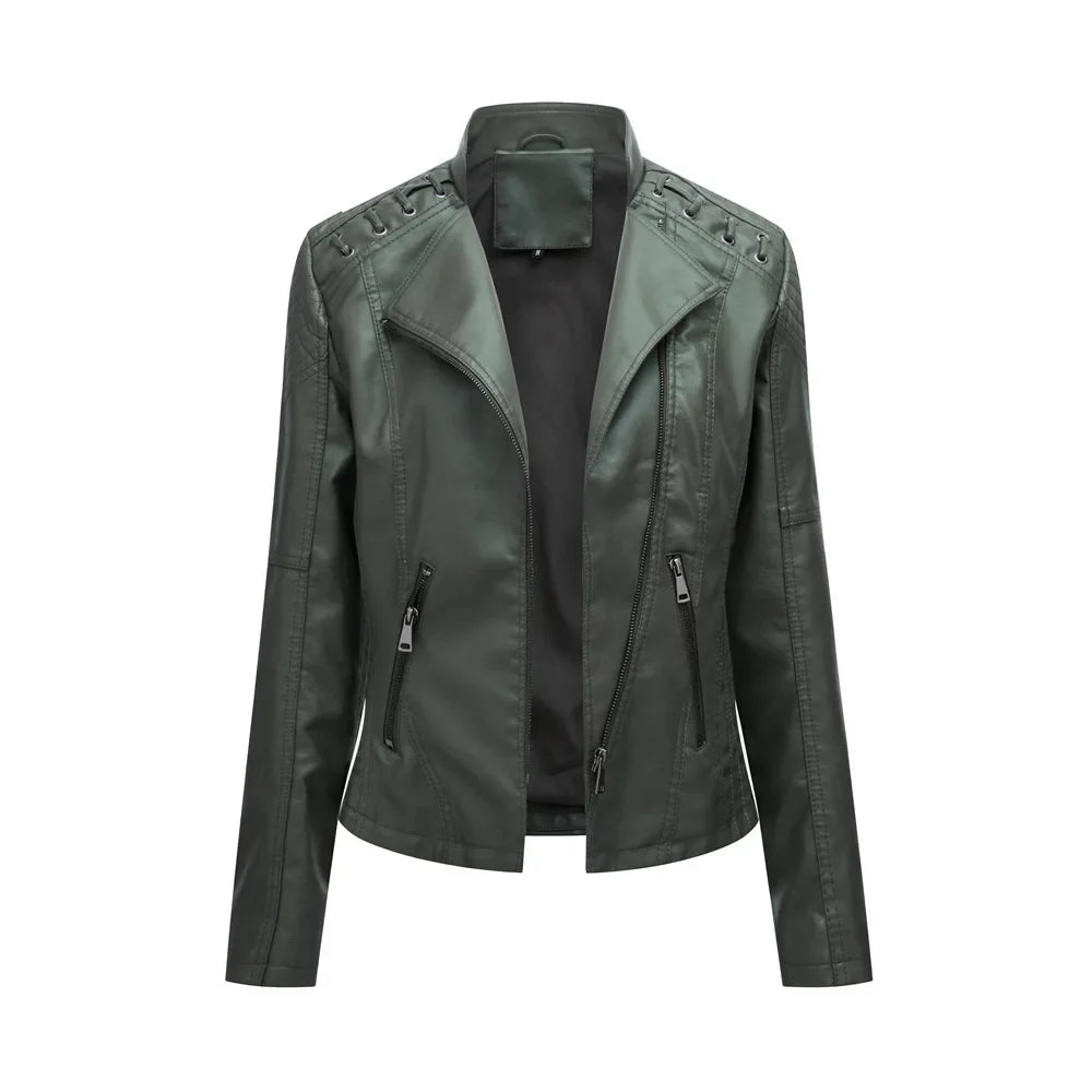 Spring Autumn Short Section Long Sleeve Zipper Jacket Slim Faux Leather Jacket Casual Solid Color Fashion Jacket Loose Outwear