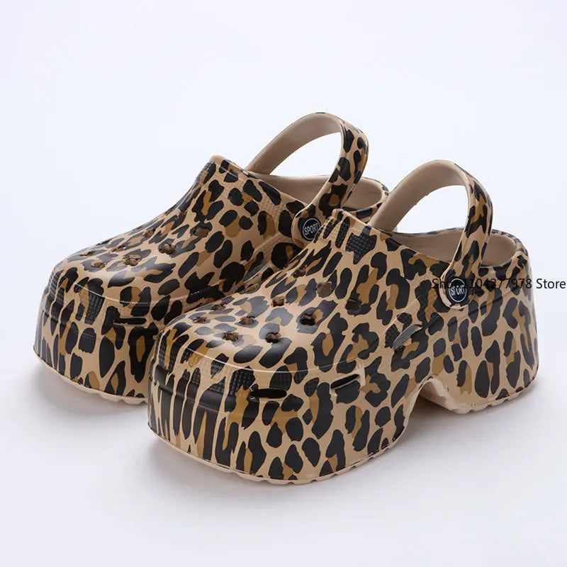Leopard Thick Bottom Clogs for Women Closed Toe Chunky Platform Sandals Woman Summer 2025 Super High Wedge Heel Slippers Female