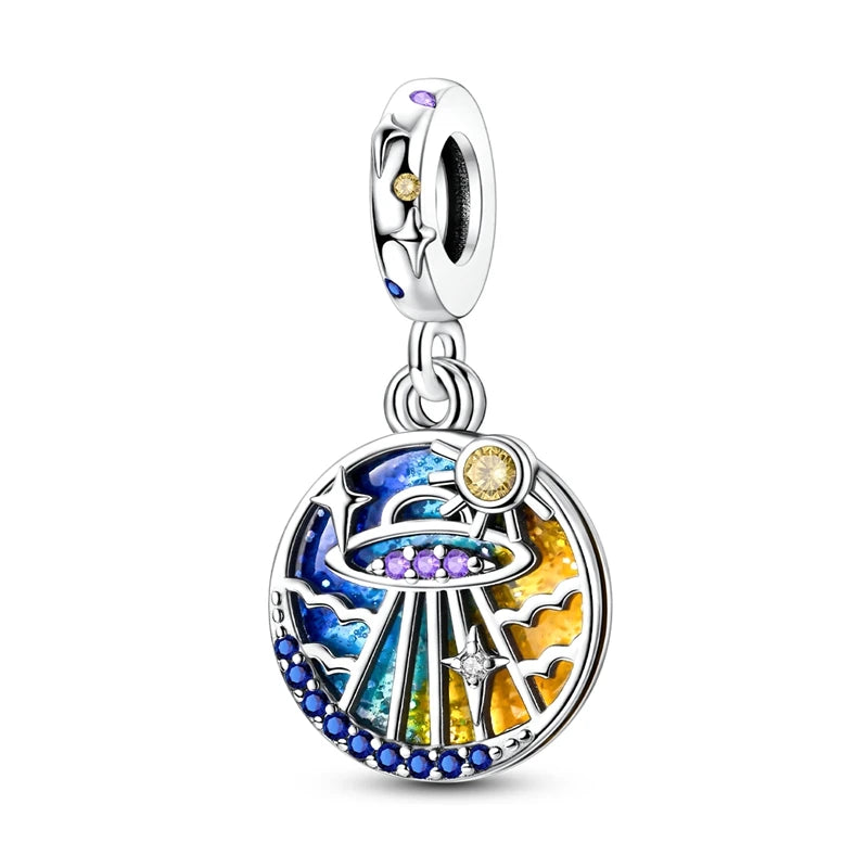 925 Sterling Silver Charm Pendant Star Moon Sun Starry Sky Beaded Charm Fit Original Bracelet DIY Fine Jewelry Making For Women