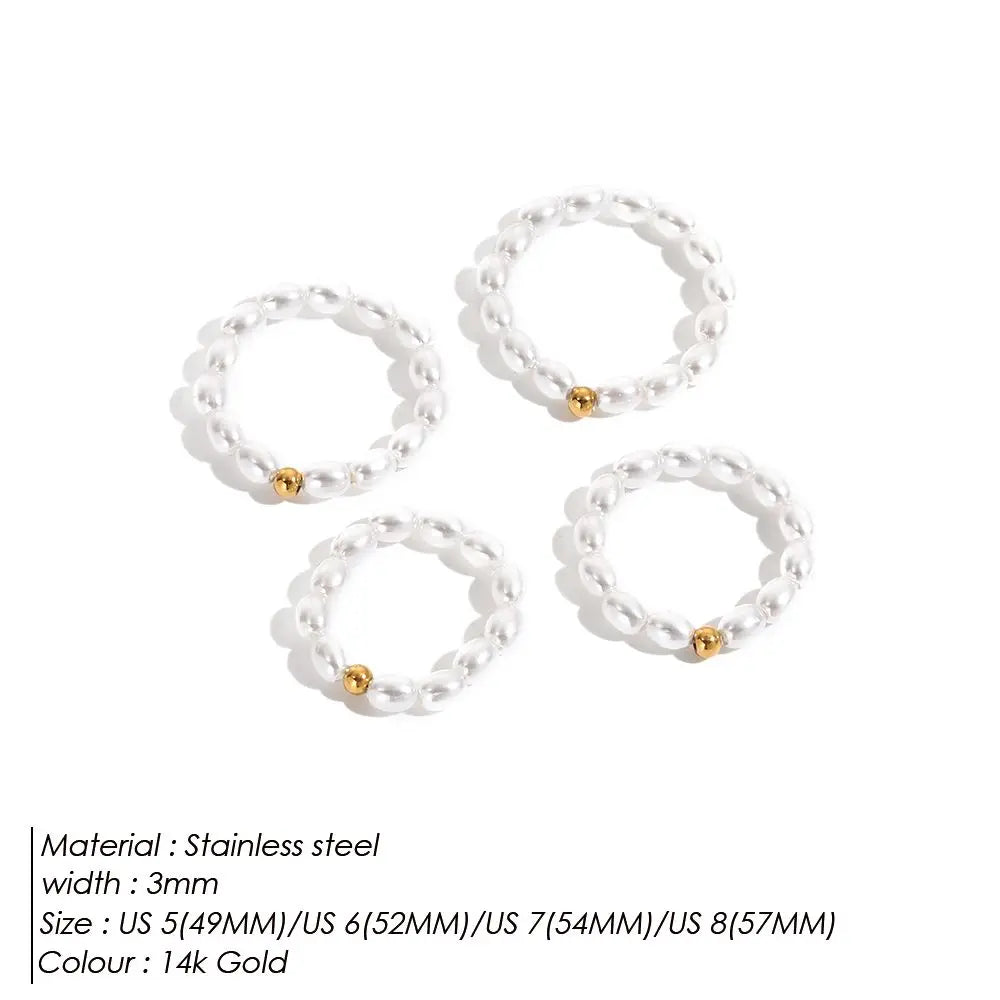 eManco Delicate Minimalist Imitation Pearl Ring Gold Color Beads Stainless Steel for Women Daily Wear & Dating Jewelry