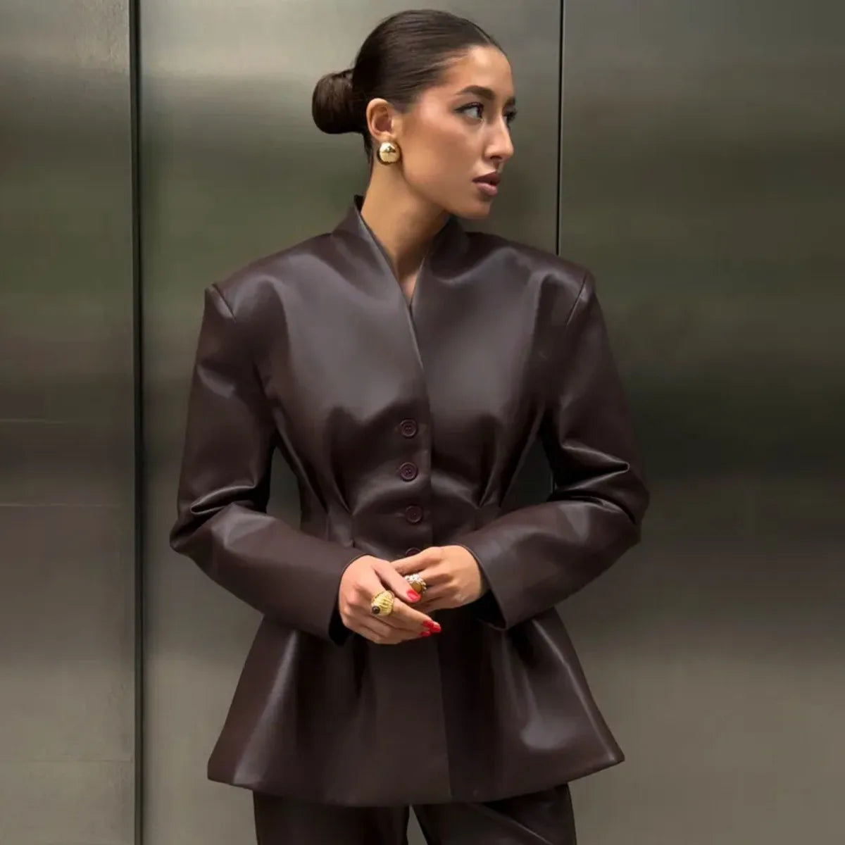KT Black buttons 2026 New Women's Dark Brown Leather Stand Collar Belted  Blazer Office Formal Chic  Suit Jacket Autumn