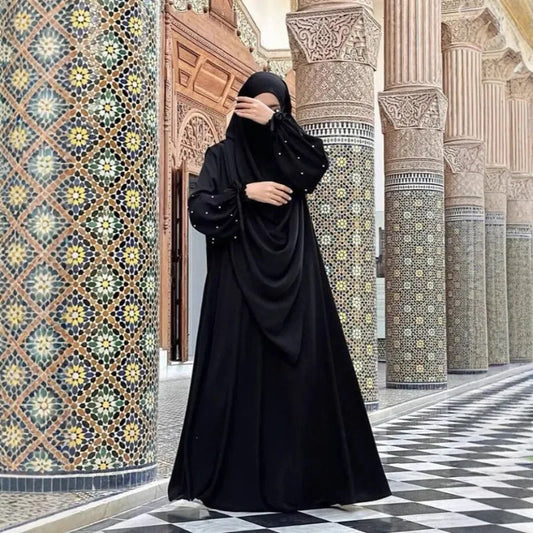 New solid color women's robe pearl sleeve dress, two-piece long headscarf P555