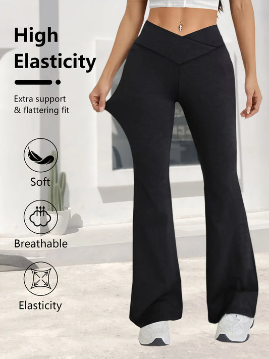A Spring Black Leggings With High Waist Elasticity, Slightly Flared Hems, Cross Waist Design, Suitable For Casual Sports
