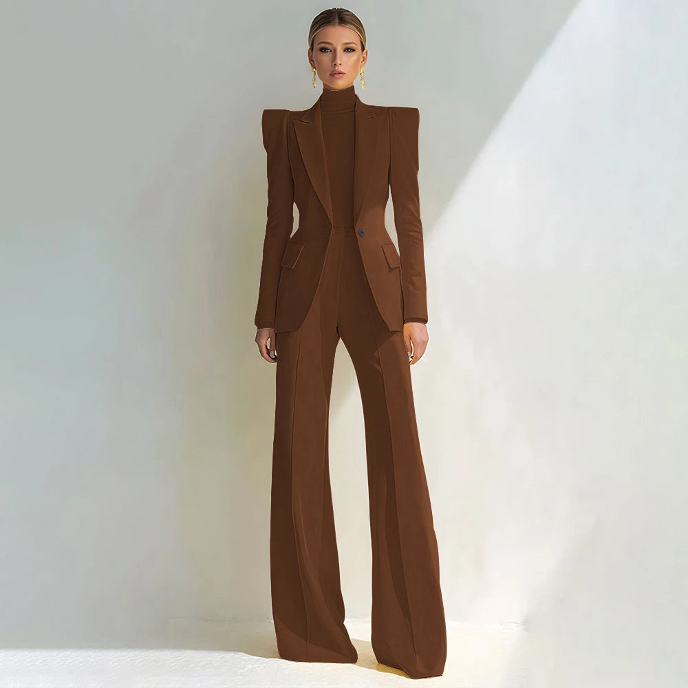 Professional Women's Red Suit Peaked Lapel Single Button Female Elegant Blazer and Flared Pants 2Piece Set Formal Office Wear
