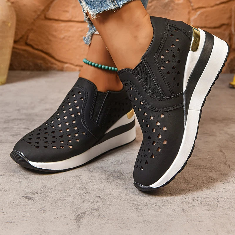 Hollow Out Breathable Wedge Sneakers for Women Lightweight Non Slip Vulcanize Shoes Woman Plus Size Comfort Slip On Casual Shoes