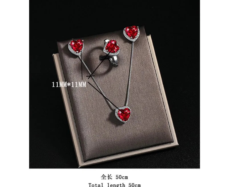 Natural Garnet Red Ruby 925 Sterling Silver Heart Jewelry Set Necklace+Earring+Ring Gemstone Jewelry Women Valentine's Day Gift