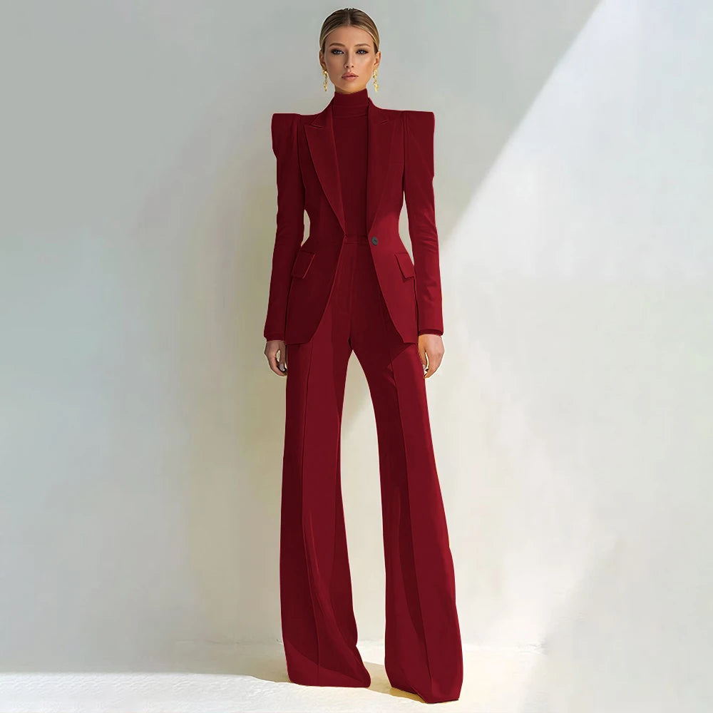 Professional Women's Red Suit Peaked Lapel Single Button Female Elegant Blazer and Flared Pants 2Piece Set Formal Office Wear