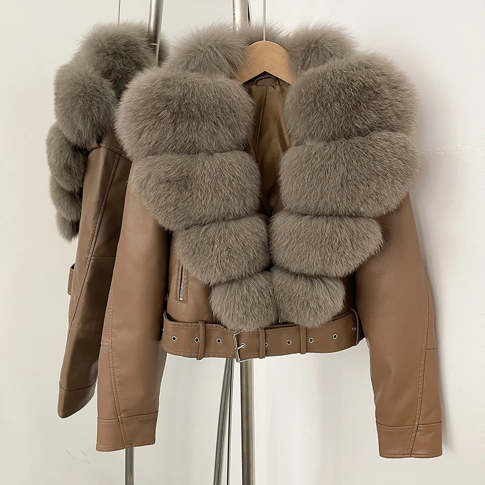 Natural Fox Fur Real Fur Coat Faux PU Leather Jacket Female New Autumn Short Top Clothing Women Long Sleeve Fake Leather Coat