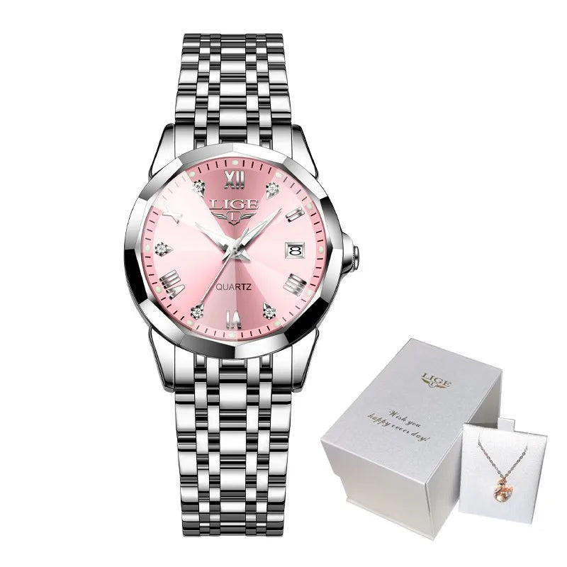LIGE 2026 Women's Watch Luxury Gift quartz wristwatch Waterproof Calendar Stainless Steel Ladies Luminous Clock montre femme+BOX